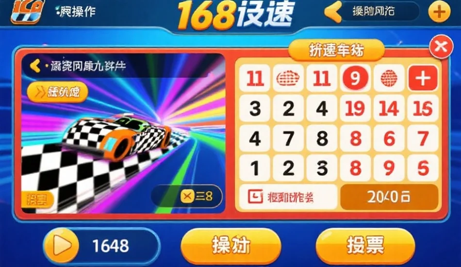 168极速赛车操作界面截图风格，突出号码选择区、投注按钮与开奖动画窗口，色彩鲜明直观