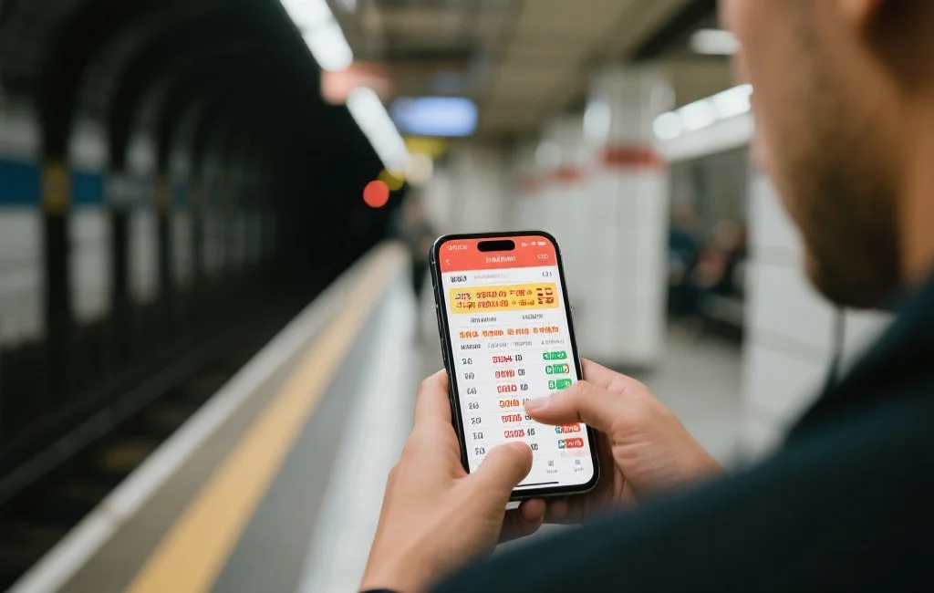 移动用户在地铁站等弱信号环境下使用手机查看实时开奖数据，界面清晰流畅