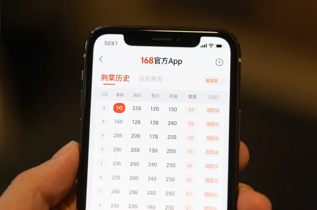 手机屏幕上显示出168官方App的开奖历史列表界面，列表中有不同日期和期数的开奖数据，界面清晰易读