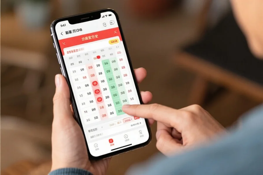 移动设备屏幕显示彩票历史开奖数据，界面简洁清晰，旁边有用户在认真浏览记录
